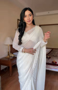 1 - Minute Ready To Wear white  Blushing Rose Attire Silk Printed Saree