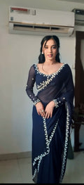 1 - Minute Ready To Wear navy  Blushing Rose Attire Silk Printed Saree