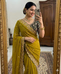 Moonlit Elegance Premium Star Georgette Saree With Multi Embroidery Designer Border - GOLDEN YELLOW