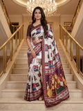 Elegant Heritage Kalamkari Printed Modal Crepe Silk Saree with Real Mirror Work & Moti Latkan-WHITE AND MAROON