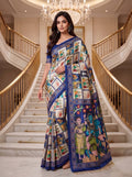 Elegant Heritage Kalamkari Printed Modal Crepe Silk Saree with Real Mirror Work & Moti Latkan-BLUE