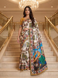 Elegant Heritage Kalamkari Printed Modal Crepe Silk Saree with Real Mirror Work & Moti La0tkan-YELLOW AND WHITE