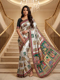 Elegant Heritage Kalamkari Printed Modal Crepe Silk Saree with Real Mirror Work & Moti Latkan-GREEN AND WHITE