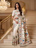 Elegant Heritage Kalamkari Printed Modal Crepe Silk Saree with Real Mirror Work & Moti Latkan- WHITE
