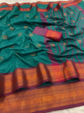 Premium Soft Banarasi Silk  Saree and Copper Zari & Rich Pallu with Contrast Blouse - RAMA