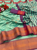 Premium Soft Banarasi Silk  Saree and Copper Zari & Rich Pallu with Contrast Blouse - SEA GREEN