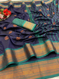 Premium Soft Banarasi Silk  Saree and Copper Zari & Rich Pallu with Contrast Blouse - NAVY BLUE