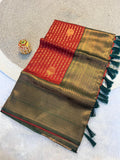 Radiant Red & Green  Kanchipuram Pattu Silk Saree with Rich Zari Border