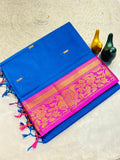 Mustard Gold Silk Saree with  Blue Brocade Border  BLUE