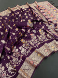 Traditional Banarasi Inspired Floral Weave Saree -WINE