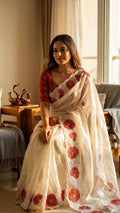 Elegant Ivory Organza Saree with Floral Embroidery & Scalloped Designer Border - RED