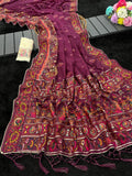 Royal Soft Silk Saree with Intricate Pashmina Work & Contrast Butti Blouse -WINE