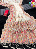 Royal Soft Silk Saree with Intricate Pashmina Work & Contrast Butti Blouse -WHITE