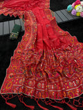 Royal Soft Silk Saree with Intricate Pashmina Work & Contrast Butti Blouse -RED