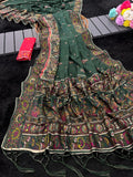 Royal Soft Silk Saree with Intricate Pashmina Work & Contrast Butti Blouse -GREEN