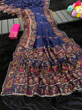 Royal Soft Silk Saree with Intricate Pashmina Work & Contrast Butti Blouse -BLUE