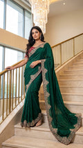Royal Meena Embroidered Designer Saree with Elegant Stitched Blouse - DARK GREEN
