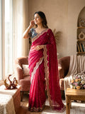 Elegant Wine Pink Designer Saree with Intricate Embroidered Border & Sequin Butti Work- PINK