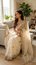 Elegant Wine Pink Designer Saree with Intricate Embroidered Border & Sequin Butti Work- WHITE