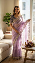 Elegant Wine Pink Designer Saree with Intricate Embroidered Border & Sequin Butti Work- PURPLE