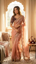 Elegant Wine Pink Designer Saree with Intricate Embroidered Border & Sequin Butti Work- PEACH