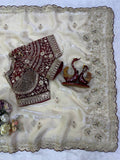 Organza Saree with Golden Floral Embroidery & Scalloped Designer Border- WHITE