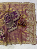 Organza Saree with Golden Floral Embroidery & Scalloped Designer Border- PINK