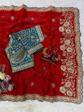 Organza Saree with Golden Floral Embroidery & Scalloped Designer Border- RED