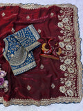 Organza Saree with Golden Floral Embroidery & Scalloped Designer Border- MAROON