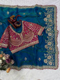Organza Saree with Golden Floral Embroidery & Scalloped Designer Border- BLUE