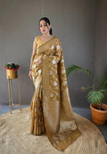 Pretty  GOLD Color Banarasi Silk Zari Weaving Saree With Blouse Piece