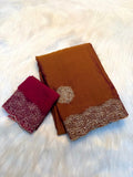 Pure Soft Moss Chiffon Saree with Elegant Multi Embroidery Work -BROWN & PINK