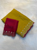 Stunning Embroidery Work Party Wear Saree  YELLOW