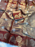 Elegant Viscose Georgette Saree with Rich Floral 2D Zari Border & Matching Running Blouse -Dual Tone Gold