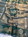 Elegant Viscose Georgette Saree with Rich Floral 2D Zari Border & Matching Running Blouse -Dual Tone Green