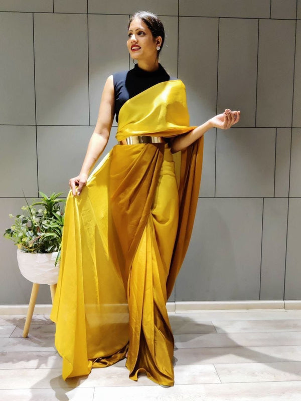 Yellow Colour 1-Min Georgette Ready To Wear Saree With Blouse Piece