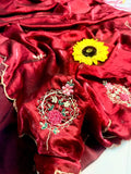 Designer Fandy Satin Saree with Khatli Cutdana Handwork & Arco Border – RED