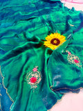 Designer Fandy Satin Saree with Khatli Cutdana Handwork & Arco Border – GREEN