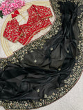 Designer Fandy Satin Saree with 3mm Sequins Pallu & Cutwork Border – BLACK