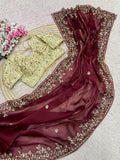 Designer Fandy Satin Saree with 3mm Sequins Pallu & Cutwork Border – MAROON