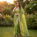Elegant Fandy Satin Saree with Sequins Butti & Designer Lace Border -PARROT