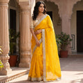 Elegant Fandy Satin Saree with Sequins Butti & Designer Lace Border -YELLOW