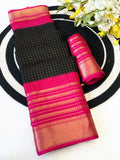 Elegant Two-Tone Premium Dolla Checks Saree With Weaving Jacquard Border - BLACK