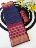 Elegant Two-Tone Premium Dolla Checks Saree With Weaving Jacquard Border - BLUE AND PINK
